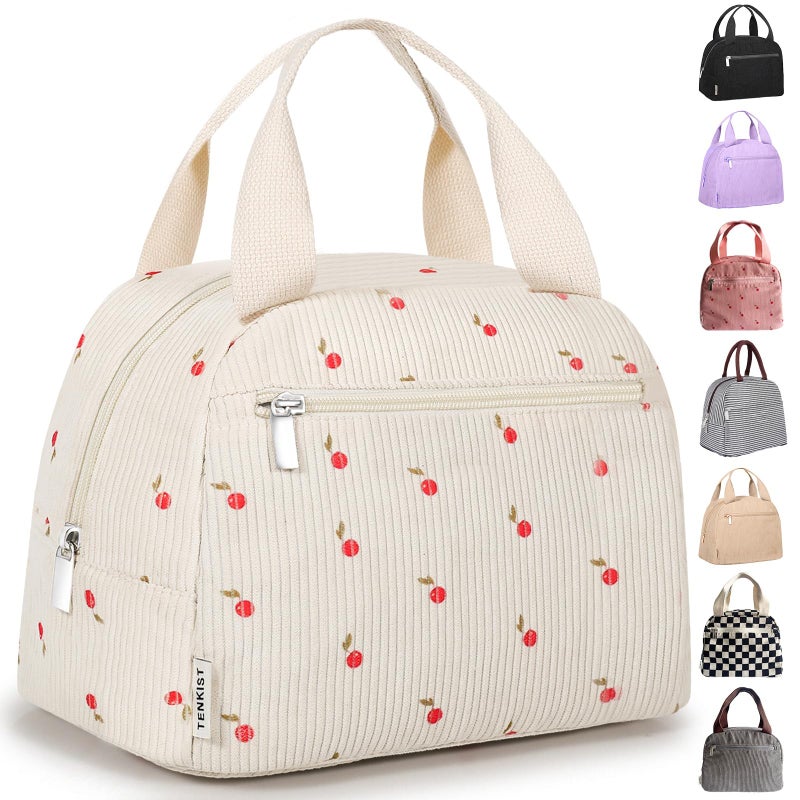 Cute Lunch Box Tote Bag Corduroy Insulated Cooler Bags for Women Lightweight Reusable Portable Soft Lunch Pail Kit for Kids Teen Girl Adults Work School Picnic Travel Cherry 8L