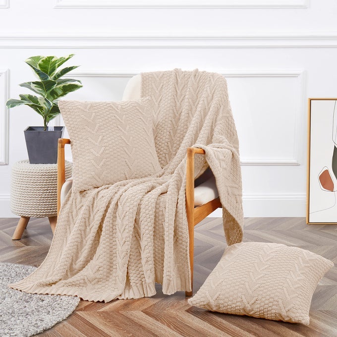 KNITTED THROW BLANKET 50 X 60 AND 2 PILLOW COVERS 18 X 18 3 PIECE KHAKI THROW BLANKET SET DECORATIVE THROW BLANKETS FOR COUCH SOFA BED LIVING ROOM