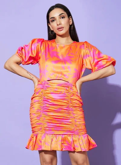 globus Women Floral Print Ruched Satin Sheath Mini Dress