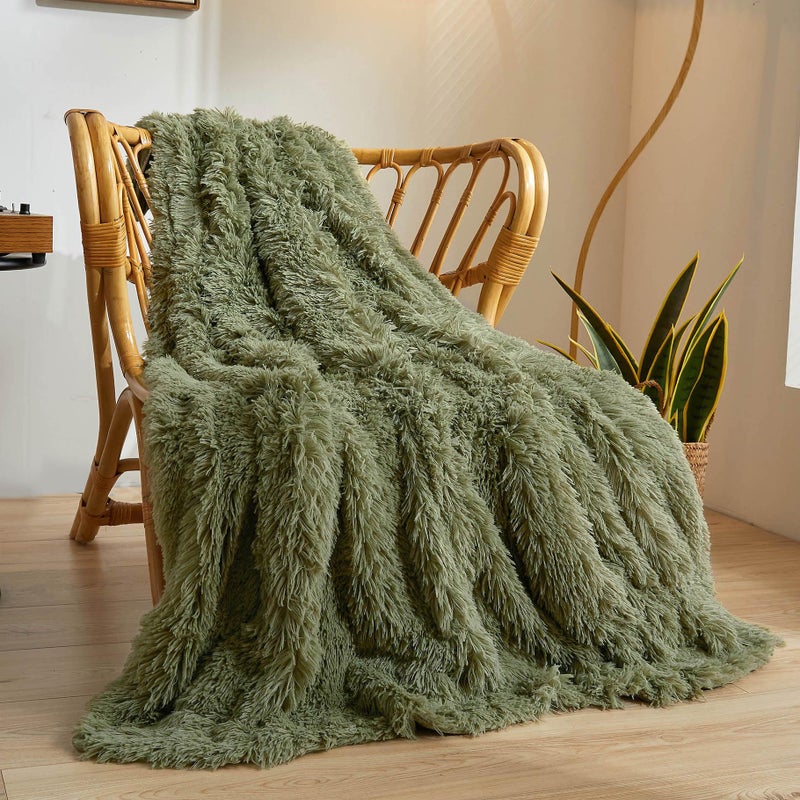 XeGe Luxury Faux Fur Throw, Moss Green Soft 50x60 Fluffy Blanket, Shaggy Plush Decorative Couch Throw, Cute Furry Throw Fuzzy Office Lap Blanket for Bedroom Living Room Sage Green - Image 1