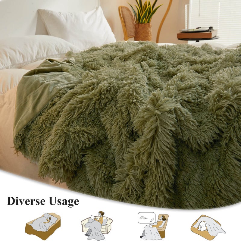 XeGe Luxury Faux Fur Throw, Moss Green Soft 50x60 Fluffy Blanket, Shaggy Plush Decorative Couch Throw, Cute Furry Throw Fuzzy Office Lap Blanket for Bedroom Living Room Sage Green - Image 3