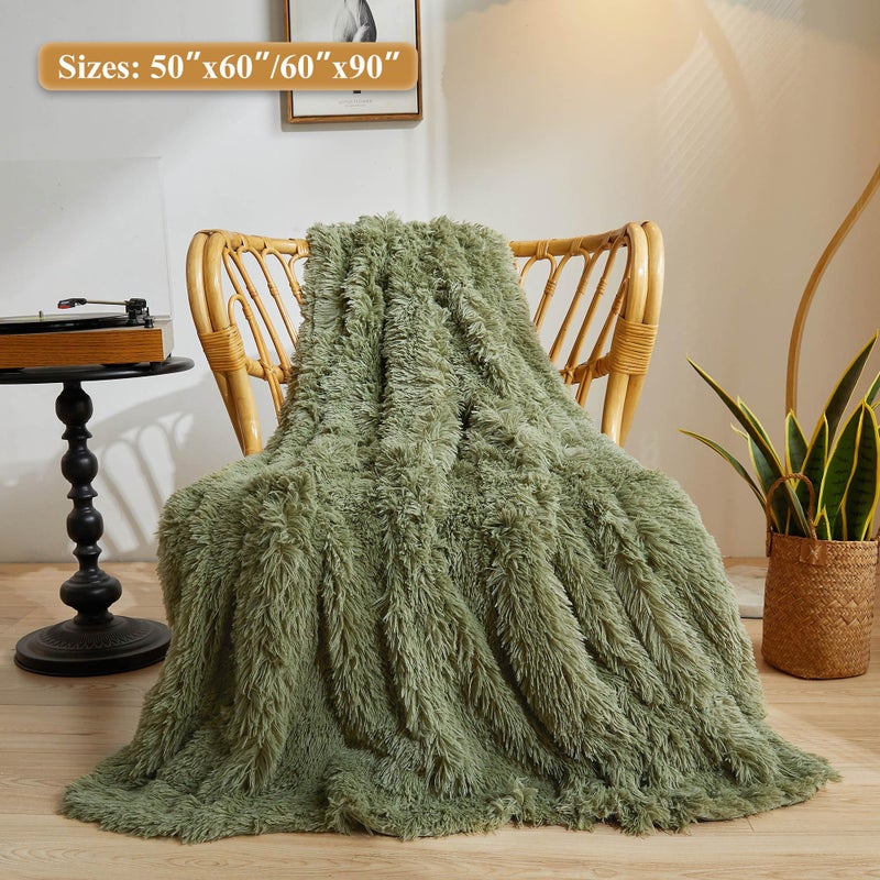 XeGe Luxury Faux Fur Throw, Moss Green Soft 50x60 Fluffy Blanket, Shaggy Plush Decorative Couch Throw, Cute Furry Throw Fuzzy Office Lap Blanket for Bedroom Living Room Sage Green - Image 2