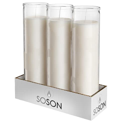 Simply Soson 2x8 inch 7 Day White Pillar Candles in Glass Set of 3, Up to 90 Hour Burn time, Unscented Prayer, Religious Candles for Memorials, Vigil, and Emergency - Image 1