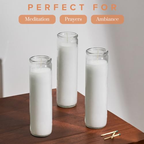 Simply Soson 2x8 inch 7 Day White Pillar Candles in Glass Set of 3, Up to 90 Hour Burn time, Unscented Prayer, Religious Candles for Memorials, Vigil, and Emergency - Image 4