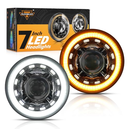 Auxbeam أضواء LED أمامية 7 بوصة من أوكسبيم باللون الأسود H6024 مع إضاءة نهارية وإشارة انعطاف وضوء ترحيبي بتدرج بدء التشغيل بديل لجيب رانجلر JK JKU TJ LJ CJ من 1997-2018، مصابيح أمامية دائرية 7 بوصة معتمدة من DOT مضادة للتوهج - Image 1