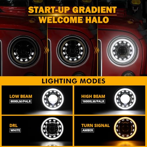 Auxbeam أضواء LED أمامية 7 بوصة من أوكسبيم باللون الأسود H6024 مع إضاءة نهارية وإشارة انعطاف وضوء ترحيبي بتدرج بدء التشغيل بديل لجيب رانجلر JK JKU TJ LJ CJ من 1997-2018، مصابيح أمامية دائرية 7 بوصة معتمدة من DOT مضادة للتوهج - Image 2