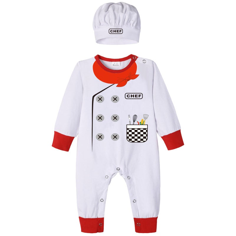 Zusnxaxe Baby Chef Costume Outfit Halloween Infant Cooker Playsuit Newborn infant Jumpsuit with Hat Chef Suit