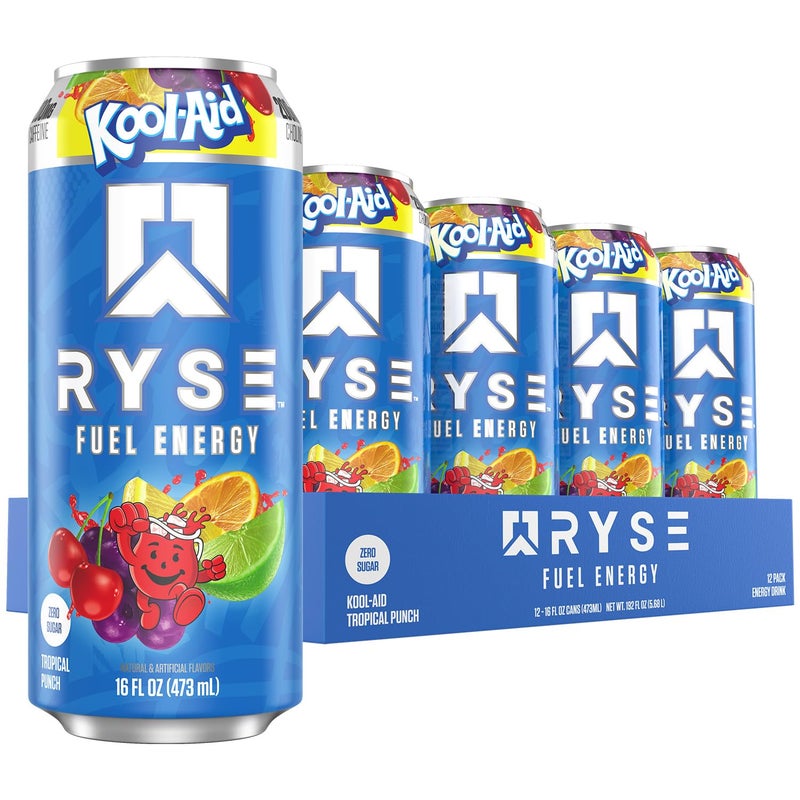 RYSE Up Supplements RYSE Fuel Energy Drink - Kool-Aid Tropical Punch - Sugar Free, Gluten Free & Vegan - 200mg Natural Caffeine, Taurine & Choline for Focus & Energy - No Artificial Colors - 16 fl oz Cans (12-Pack) - Image 1