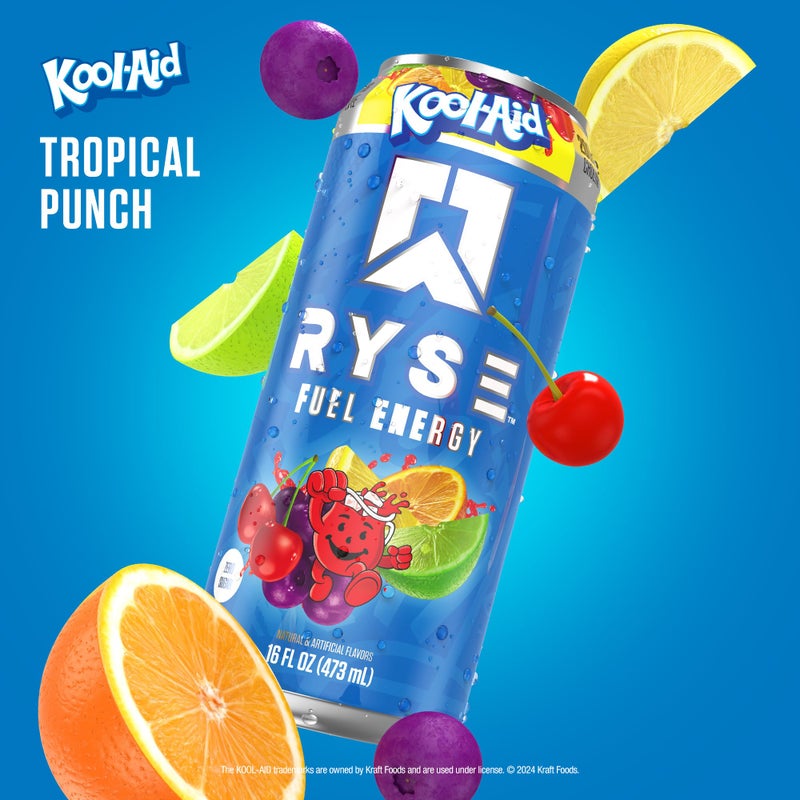 RYSE Up Supplements RYSE Fuel Energy Drink - Kool-Aid Tropical Punch - Sugar Free, Gluten Free & Vegan - 200mg Natural Caffeine, Taurine & Choline for Focus & Energy - No Artificial Colors - 16 fl oz Cans (12-Pack) - Image 3
