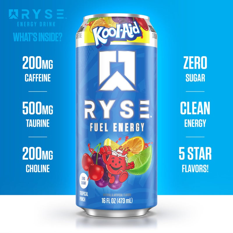 RYSE Up Supplements RYSE Fuel Energy Drink - Kool-Aid Tropical Punch - Sugar Free, Gluten Free & Vegan - 200mg Natural Caffeine, Taurine & Choline for Focus & Energy - No Artificial Colors - 16 fl oz Cans (12-Pack) - Image 5