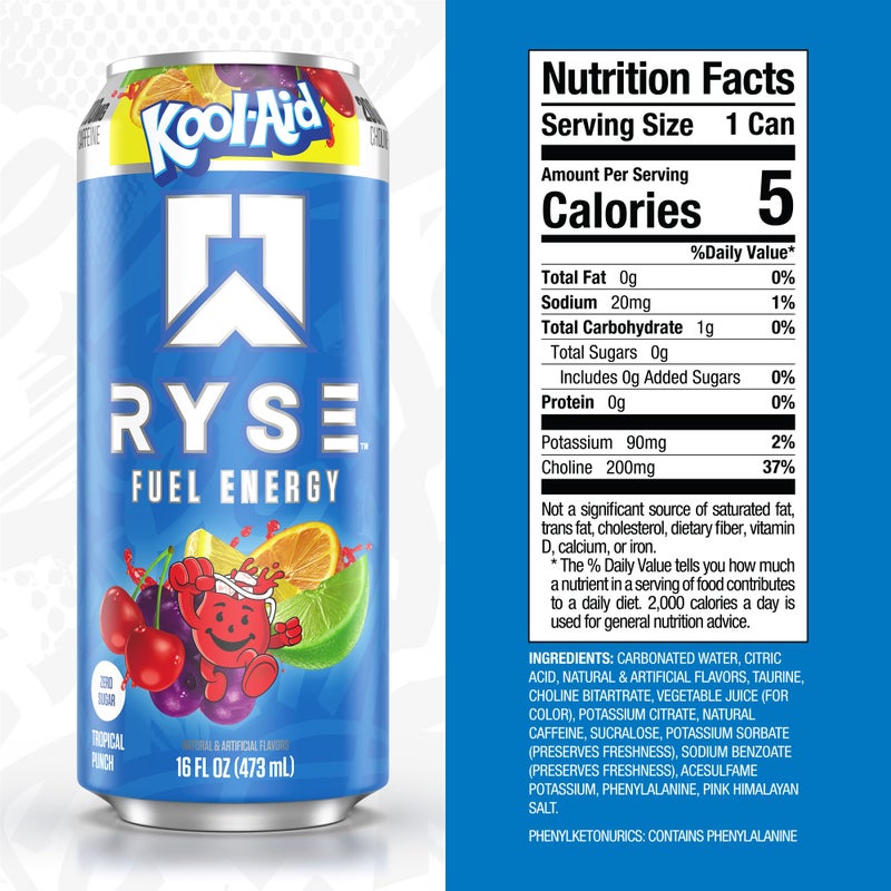 RYSE Up Supplements RYSE Fuel Energy Drink - Kool-Aid Tropical Punch - Sugar Free, Gluten Free & Vegan - 200mg Natural Caffeine, Taurine & Choline for Focus & Energy - No Artificial Colors - 16 fl oz Cans (12-Pack) - Image 2