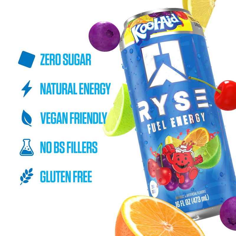RYSE Up Supplements RYSE Fuel Energy Drink - Kool-Aid Tropical Punch - Sugar Free, Gluten Free & Vegan - 200mg Natural Caffeine, Taurine & Choline for Focus & Energy - No Artificial Colors - 16 fl oz Cans (12-Pack) - Image 4