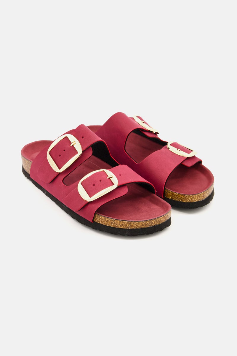 XOXO Women Big Buckle Slip On Slide Slipper, Maroon - Image 1