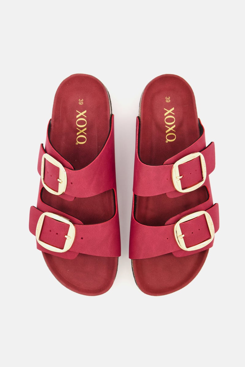 XOXO Women Big Buckle Slip On Slide Slipper, Maroon - Image 3