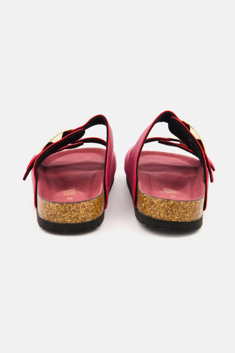 XOXO Women Big Buckle Slip On Slide Slipper, Maroon - Image 2