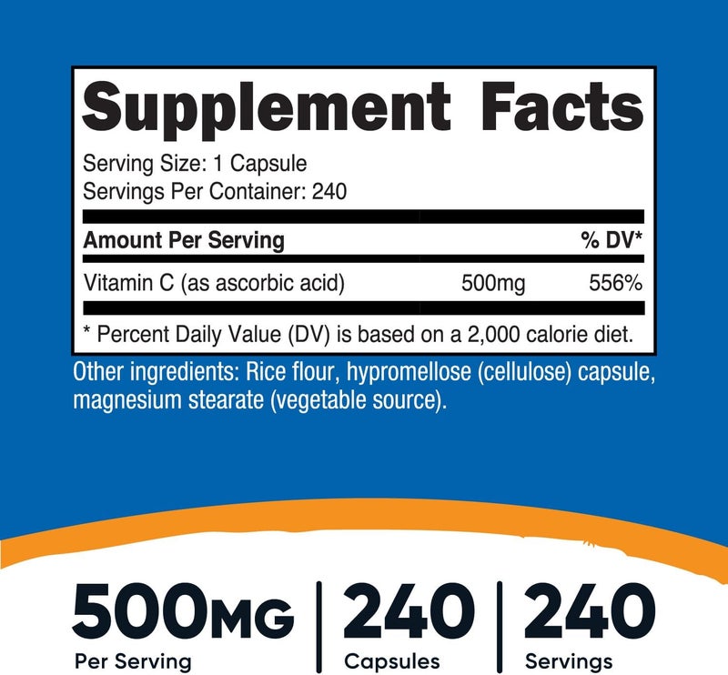 Nutricost نوتريكوست فيتامين سي 500 ملغ 240 كبسولة نباتية خالية من الغلوتين وغير معدلة وراثيًا - Image 2