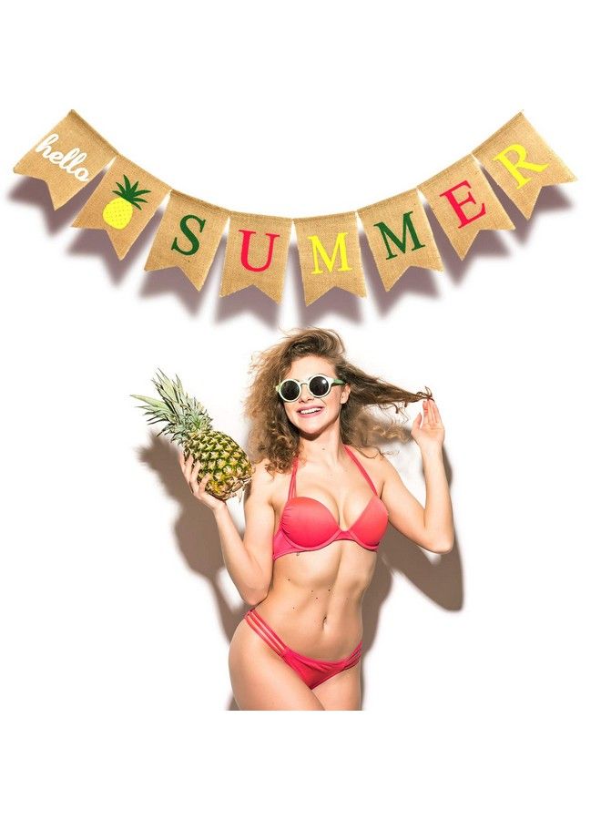 Blulu Hello Summer Burlap Banner Rustic Summer Banner With Flamingo Pattern Summer Garland Flag Decoration For Pool Party Beach Party Barbecue Party (Color Set 2) - Image 3