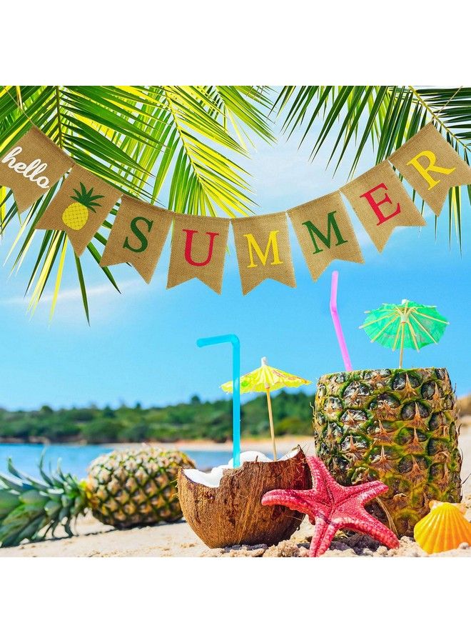 Blulu Hello Summer Burlap Banner Rustic Summer Banner With Flamingo Pattern Summer Garland Flag Decoration For Pool Party Beach Party Barbecue Party (Color Set 2) - Image 1