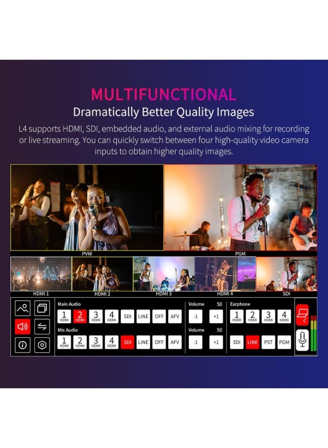 فيل وورلد جهاز FEELWORLD L4 للتبديل بين الفيديو 10.1 بوصة بشاشة تعمل باللمس، معاينة في الوقت الفعلي، 5 مصادر إدخال HDMI، واجهة تشغيل PST و PGM - Image 5