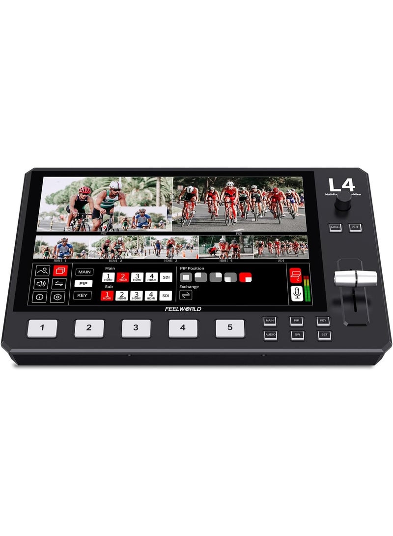 فيل وورلد جهاز FEELWORLD L4 للتبديل بين الفيديو 10.1 بوصة بشاشة تعمل باللمس، معاينة في الوقت الفعلي، 5 مصادر إدخال HDMI، واجهة تشغيل PST و PGM - Image 1
