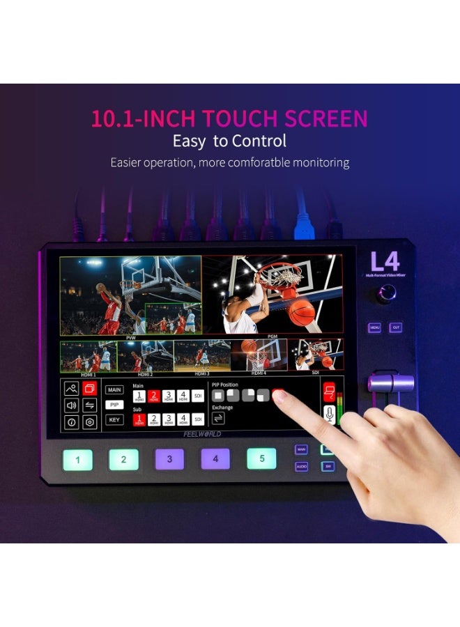 فيل وورلد جهاز FEELWORLD L4 للتبديل بين الفيديو 10.1 بوصة بشاشة تعمل باللمس، معاينة في الوقت الفعلي، 5 مصادر إدخال HDMI، واجهة تشغيل PST و PGM - Image 3