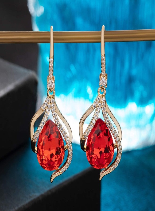 EVEVIC Austrian Crystal Hollow Teardrop Halo Drop Dangle Earrings for Women 14K Rose Gold Plated Hypoallergenic Jewelry (Red) - Image 3