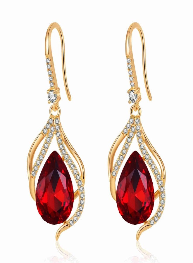 EVEVIC Austrian Crystal Hollow Teardrop Halo Drop Dangle Earrings for Women 14K Rose Gold Plated Hypoallergenic Jewelry (Red) - Image 1