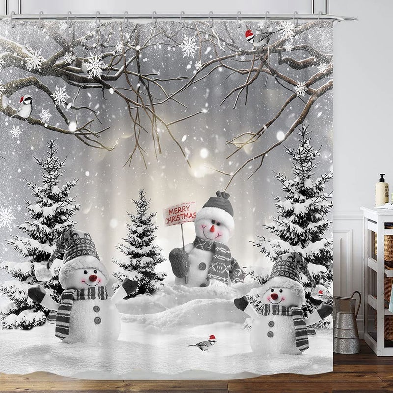Farmhouse Winter Christmas Shower Curtain Cute Snowman Snow Forest Pine Tree Scene Shower Curtain for Bathroom Rustic Xmas Snowflake Holiday Gray Bathroom Accessories Polyester 72X72 with Hooks