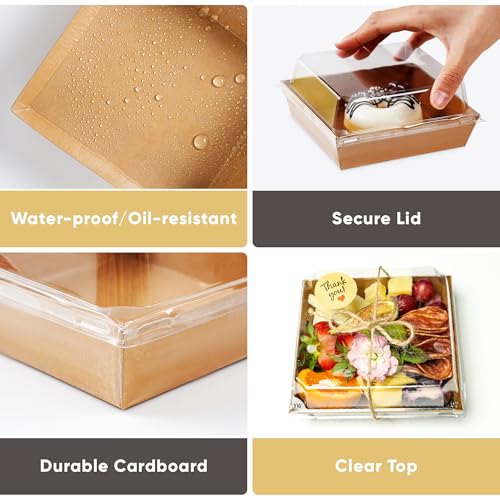 Leafiew 50 Pack Small Charcuterie Boxes with Clear Lids - To Go Paper Mini Charcuterie Box, Disposable Food Containers, 5Inch Dessert Boxes - Sandwich, Cookie, Sushi, Cake Slice, Strawberries (Brown) - Image 4
