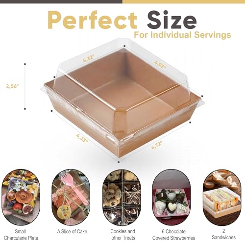Leafiew 50 Pack Small Charcuterie Boxes with Clear Lids - To Go Paper Mini Charcuterie Box, Disposable Food Containers, 5Inch Dessert Boxes - Sandwich, Cookie, Sushi, Cake Slice, Strawberries (Brown) - Image 2