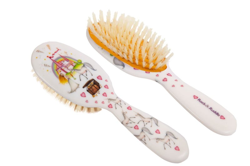 Rock & Ruddle Soft White Natural Boar Bristle Hairbrush for Babies and Young Children (Baby 6.9") - Perfect for Fine Hair Detangling and Smoothing - Designed & Made in UK - Unicorns Design - Image 1