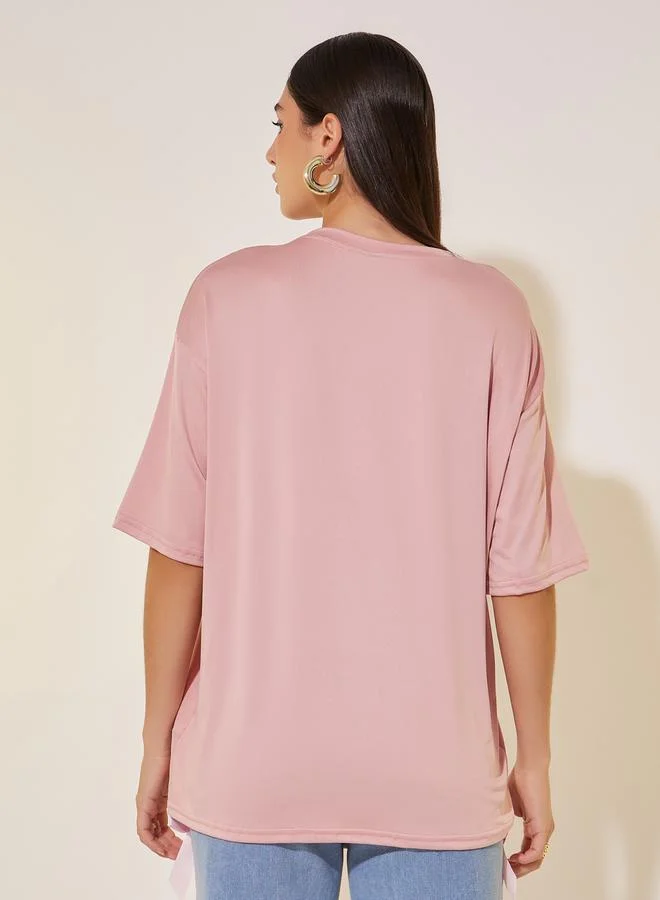 تايك تو Slogan Print Round Neck Oversized T-Shirt
