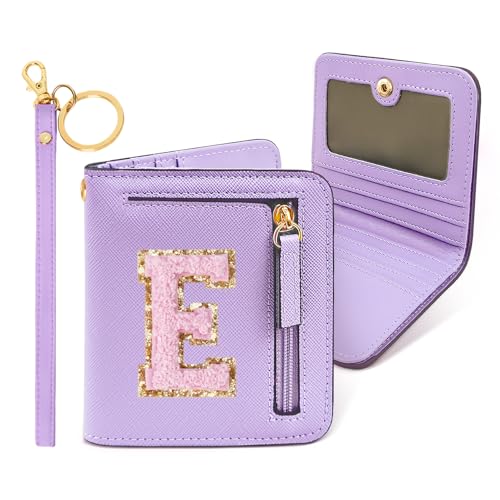COSHAYSOO Teen Girl Gifts Trendy Stuff Initial Wallet RFID Bifold Tween Girls Christmas Stocking Stuffer Presents for Her Personalized Preppy Things Chenille Letter E Purple - Image 1