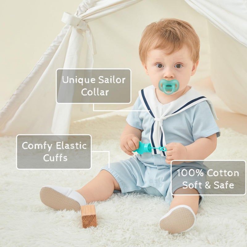 pureborn Baby Boys Romper Short Sleeve Collared Nautical Romper One-Piece Beach Outfit 6-9 Months Blue - Image 2