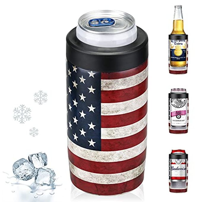 Maxso Slim Can Cooler, 4-in-1 Double Walled Stainless Steel Insulated Beer Can Holder, Works With All 12 Oz Cans,Bottles & As A Pint Cups - America Flag - Image 1