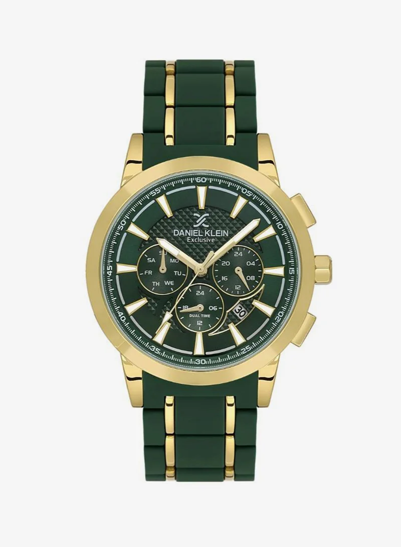 DANIEL KLEIN Men's Stainless Steel and Silicone Gold Alloy Case Analog Dark Green Round Double Layer Dial Japanese Quartz Exclusive 50 Meters Water Resistant