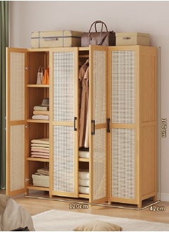 keke Natural Rattan 4 Door Wooden Wardrobe Freestanding Storage Cabinet with Shelves & Hanging Space Size 160cm 120cm 42cm  - Image 1