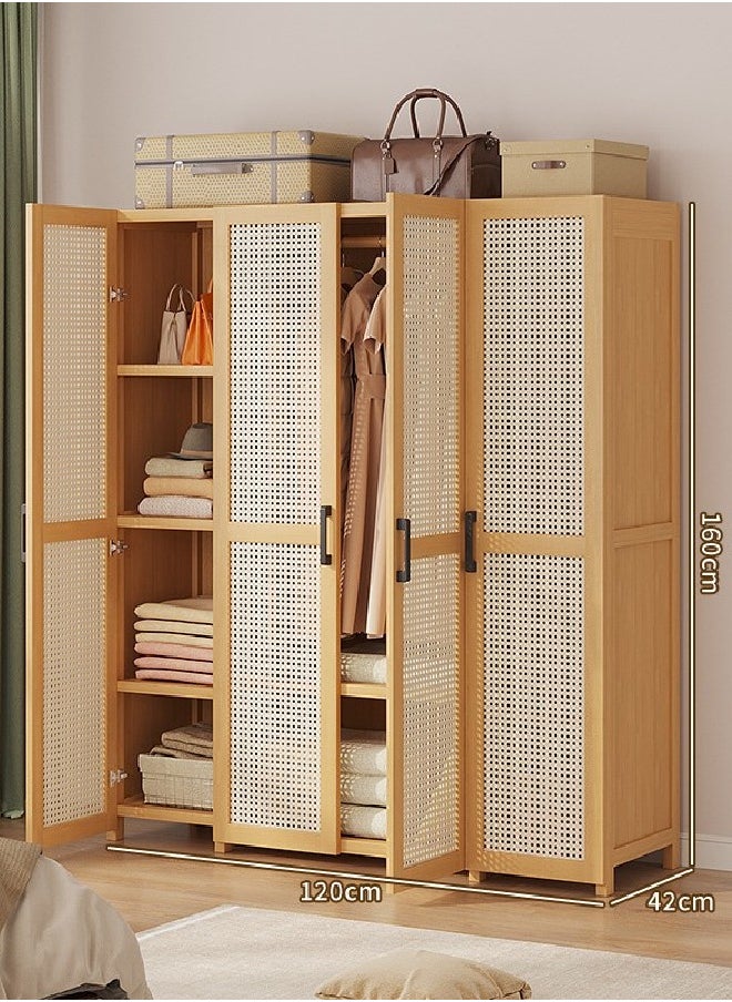 keke Natural Rattan 4 Door Wooden Wardrobe Freestanding Storage Cabinet with Shelves & Hanging Space Size 160cm 120cm 42cm  - Image 1