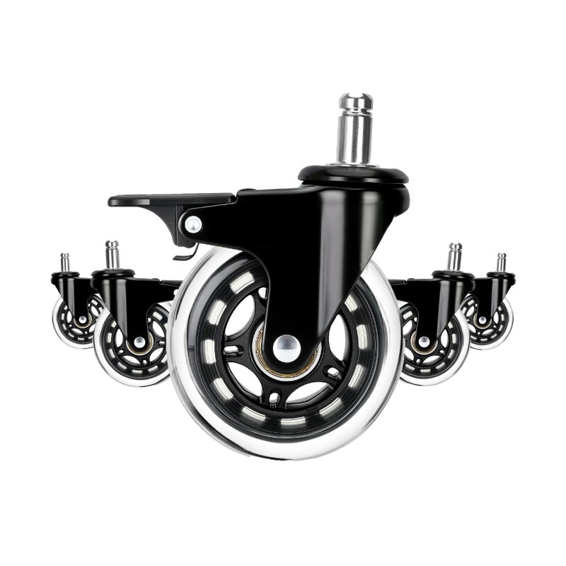 LONGADS Office Chair Caster Wheels with Brakes 5 Packs 3 in for Hardwood Floors and Low Pile CarpetHeavy Duty Quiet Swivel Replacement Made from Soft Premium Pu RubberBlack