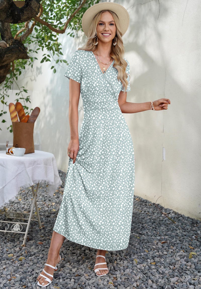 AUSELILY Maxi Dresses for Women Ankle Length Floral Print Beach Long Flowy Dress with Pockets Green Spot L - Image 4