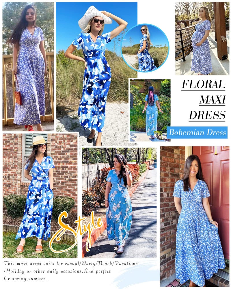 AUSELILY Maxi Dresses for Women Ankle Length Floral Print Beach Long Flowy Dress with Pockets Green Spot L - Image 2