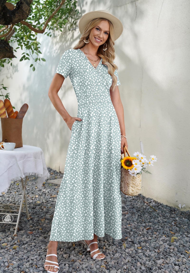 AUSELILY Maxi Dresses for Women Ankle Length Floral Print Beach Long Flowy Dress with Pockets Green Spot L - Image 5