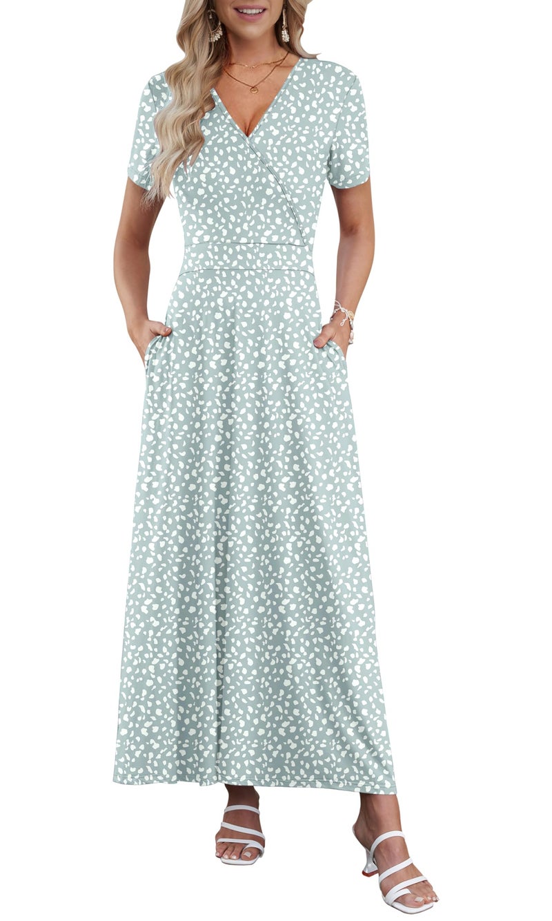 AUSELILY Maxi Dresses for Women Ankle Length Floral Print Beach Long Flowy Dress with Pockets Green Spot L - Image 1