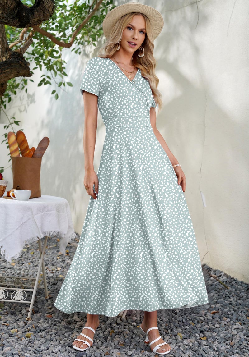 AUSELILY Maxi Dresses for Women Ankle Length Floral Print Beach Long Flowy Dress with Pockets Green Spot L - Image 3