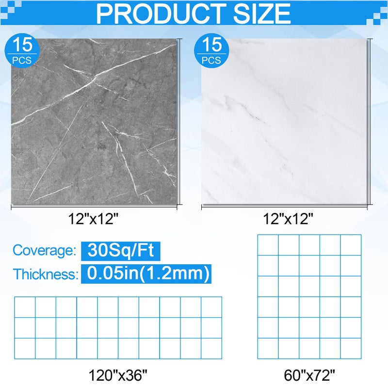 Tottist 30-Pack 12x12 Inch Peel and Stick Vinyl Floor Tiles, Self Adhesive Waterproof Flooring Planks for Kitchen, Dining Room,Bathroom,Vestibule, Cover 30 Sq. Ft(Grey/White Marble,15 Tiles Per Color) - Image 5