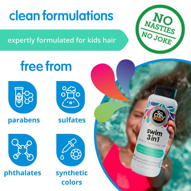 SO COZY SoCozy Kids Swim 3-in-1 Shampoo, Conditioner & Body Wash - 3-in-1 Combo Pool Shampoo & Conditioner for Swimmers - Salt & Chlorine Removing Activated Charcoal - Image 5