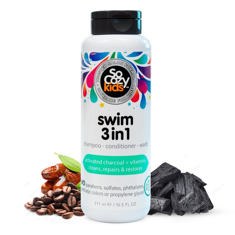 SO COZY SoCozy Kids Swim 3-in-1 Shampoo, Conditioner & Body Wash - 3-in-1 Combo Pool Shampoo & Conditioner for Swimmers - Salt & Chlorine Removing Activated Charcoal - Image 1