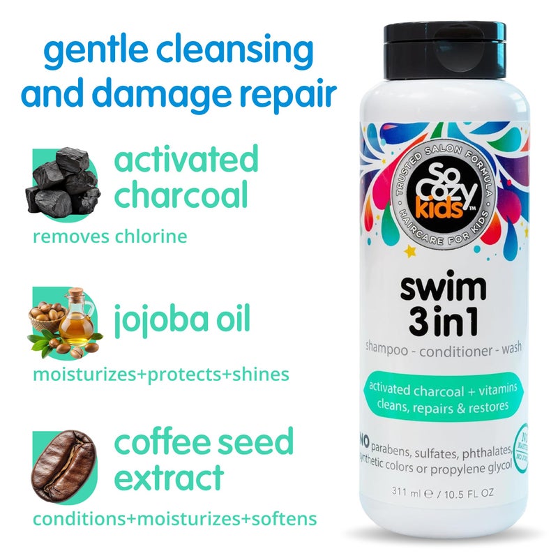 SO COZY SoCozy Kids Swim 3-in-1 Shampoo, Conditioner & Body Wash - 3-in-1 Combo Pool Shampoo & Conditioner for Swimmers - Salt & Chlorine Removing Activated Charcoal - Image 5
