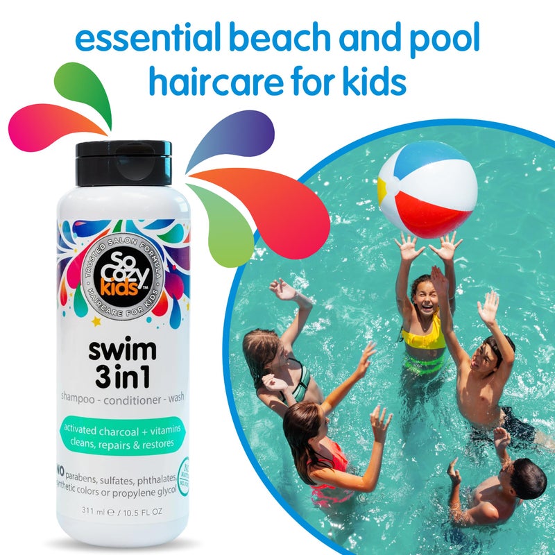 SO COZY SoCozy Kids Swim 3-in-1 Shampoo, Conditioner & Body Wash - 3-in-1 Combo Pool Shampoo & Conditioner for Swimmers - Salt & Chlorine Removing Activated Charcoal - Image 3