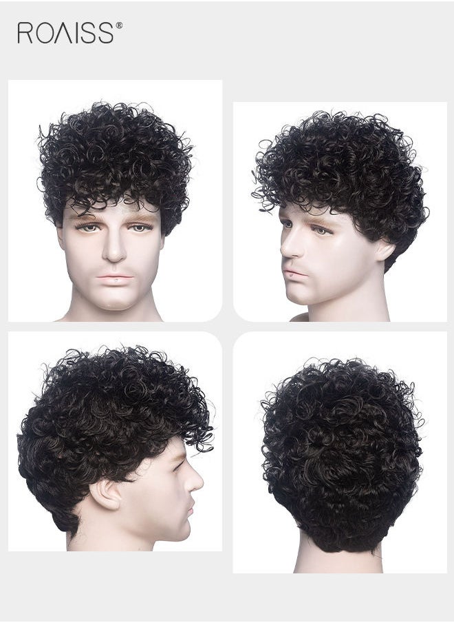 roaiss - Men's Hair Wig, Short Curly Synthetic Natural Heat Resistant Fiber Breathable Hair Wig for Male for Daily Wear, Party, Costume, Cosplay, Black, 16.5cm - Image 1